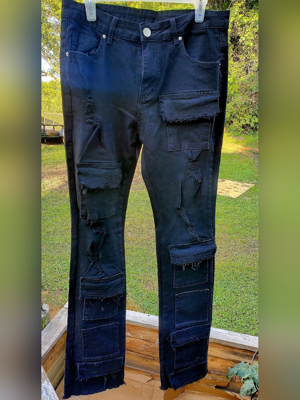 NEW ROMWE Black Skinny Distressed Patch Pocket Jeans Size M (38)